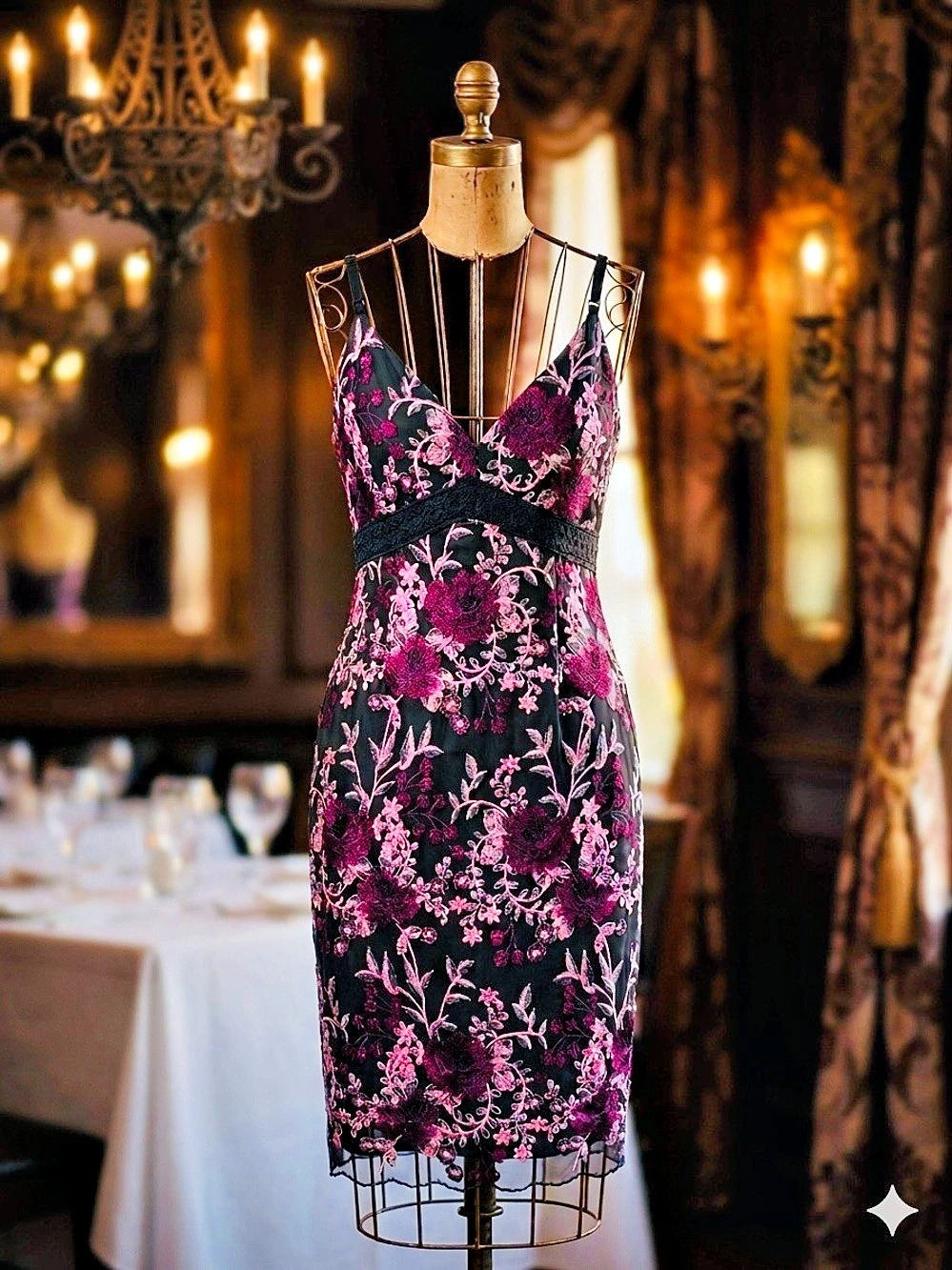 Boston Proper Floral Embroidered Mesh A-Line Dress Black & Pink Size 8 NWT